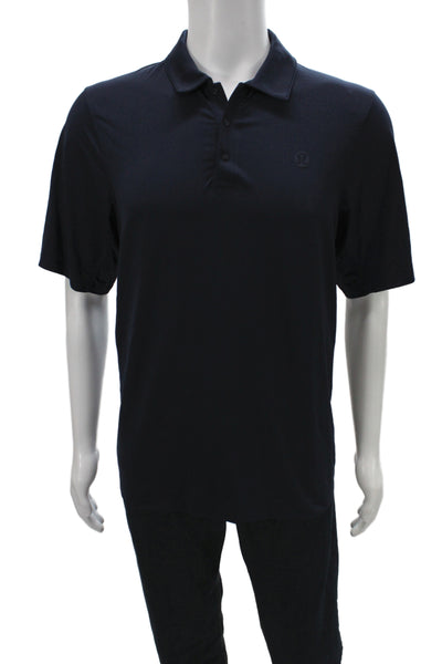 Lululemon Mens Short Sleeve Collared Logo Knit Polo Shirt Navy Blue Size Large