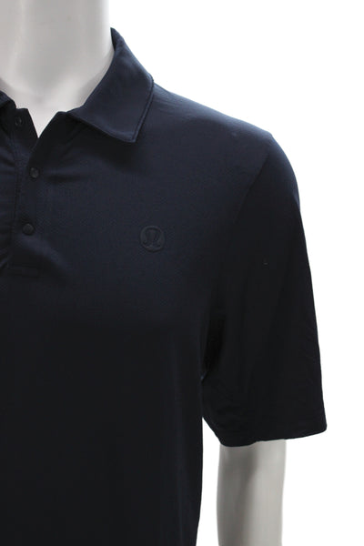 Lululemon Mens Short Sleeve Collared Logo Knit Polo Shirt Navy Blue Size Large
