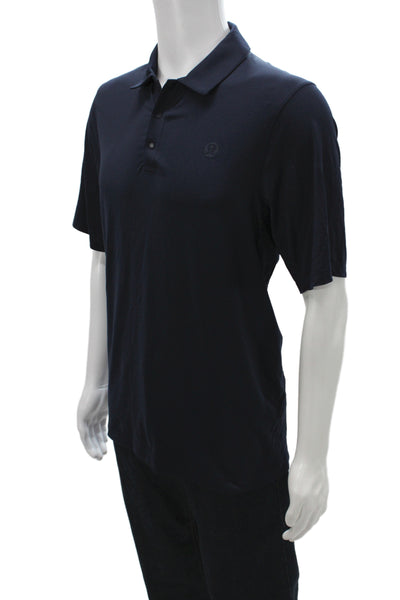 Lululemon Mens Short Sleeve Collared Logo Knit Polo Shirt Navy Blue Size Large