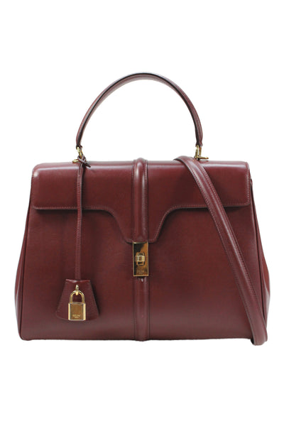 Celine Womens Leather Top Handle Gold Tone Shoulder Handbag Wine Red
