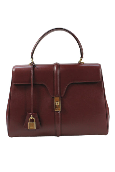 Celine Womens Leather Top Handle Gold Tone Shoulder Handbag Wine Red
