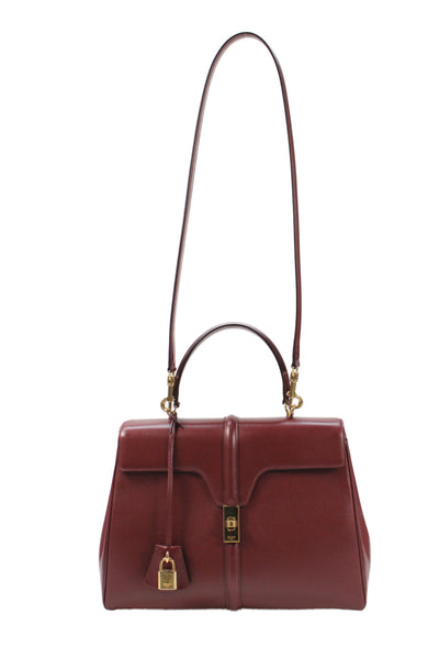 Celine Womens Leather Top Handle Gold Tone Shoulder Handbag Wine Red