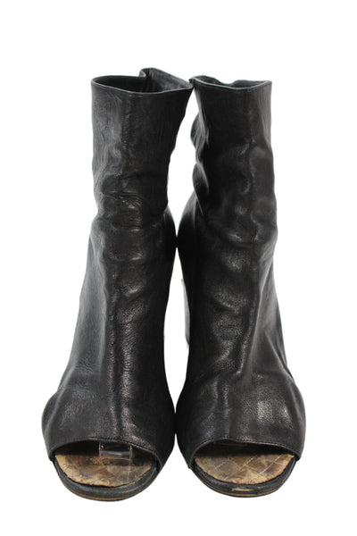 Chanel Womens Leather Open Toe Wedge Logo Ankle Boots Black Size 40 10
