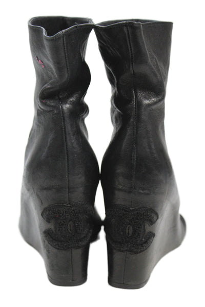 Chanel Womens Leather Open Toe Wedge Logo Ankle Boots Black Size 40 10