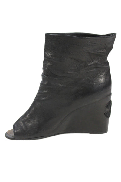 Chanel Womens Leather Open Toe Wedge Logo Ankle Boots Black Size 40 10