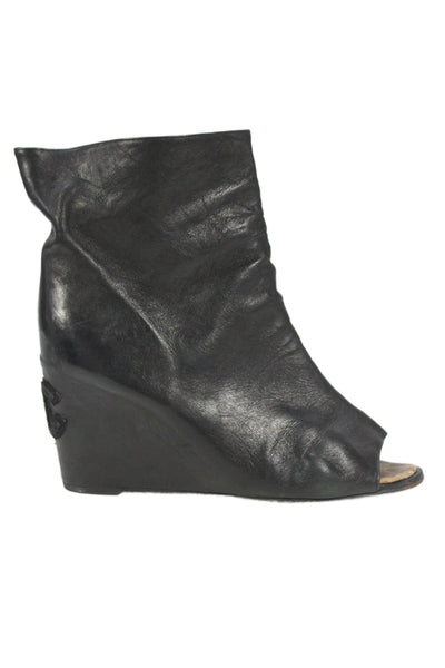 Chanel Womens Leather Open Toe Wedge Logo Ankle Boots Black Size 40 10