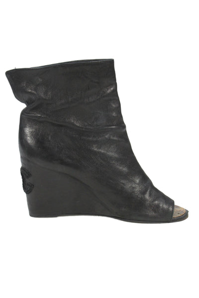 Chanel Womens Leather Open Toe Wedge Logo Ankle Boots Black Size 40 10