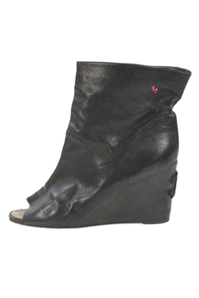 Chanel Womens Leather Open Toe Wedge Logo Ankle Boots Black Size 40 10