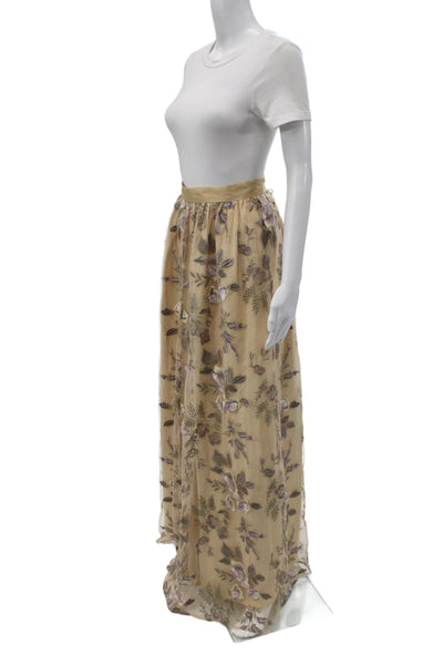 Belle Badgley Mischka Womens Maxi Floral Mesh Skirt Beige Hook & Eye Size 4