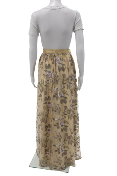 Belle Badgley Mischka Womens Maxi Floral Mesh Skirt Beige Hook & Eye Size 4