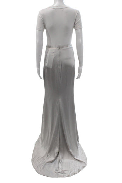 Badgley Mischka Women Silver Satin Maxi Skirt Hook & Eye Size 4