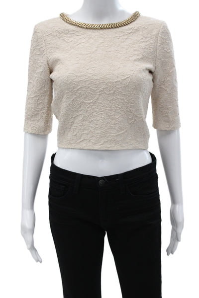 Belle Badgley Mischka Womens Cropped Blouse Beige 3/4 Sleeve Zip Poly Size 4