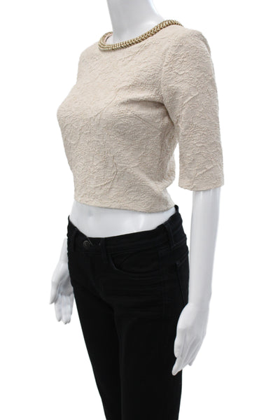 Belle Badgley Mischka Womens Cropped Blouse Beige 3/4 Sleeve Zip Poly Size 4