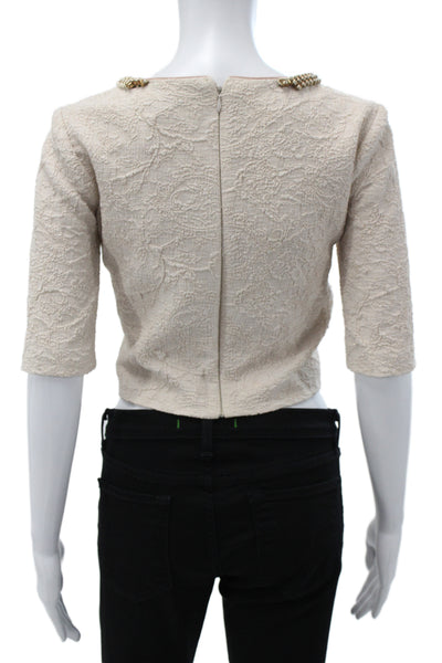 Belle Badgley Mischka Womens Cropped Blouse Beige 3/4 Sleeve Zip Poly Size 4