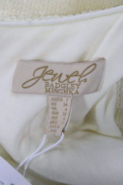 Jewel Badgley Mischka Women Sheath Dress Ivory V-Neck Long Zip Size 2