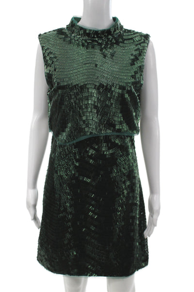 Jewel Badgley Mischka Womens Shift Dress Green High Neck Button Beaded Size 4