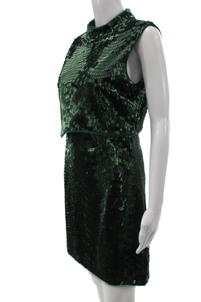 Jewel Badgley Mischka Womens Shift Dress Green High Neck Button Beaded Size 4