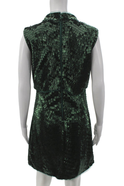 Jewel Badgley Mischka Womens Shift Dress Green High Neck Button Beaded Size 4