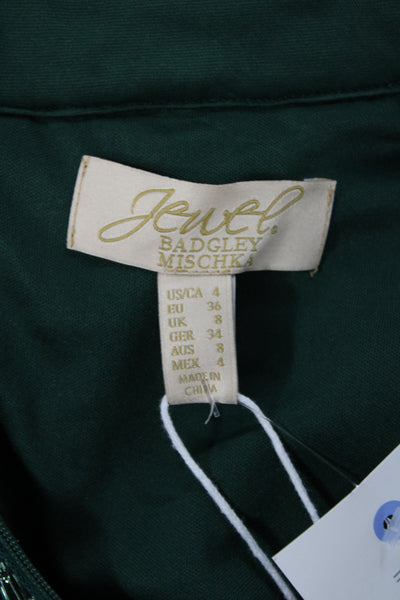 Jewel Badgley Mischka Womens Shift Dress Green High Neck Button Beaded Size 4