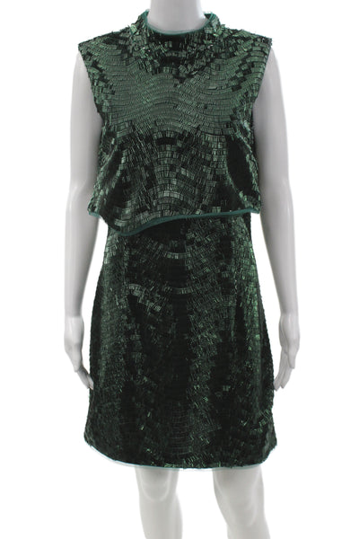 Jewel Badgley Mischka Women Green Beaded Shift Dress Sleeveless Size 6