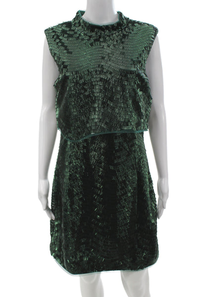 Jewel Badgley Mischka Women Green Shift Dress High Neck Sleeveless Size 10