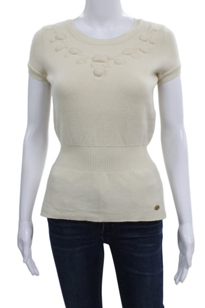 Chanel Womens Pullover Sweater Ivory Wool Crew Neck Short Sleeve Size 36