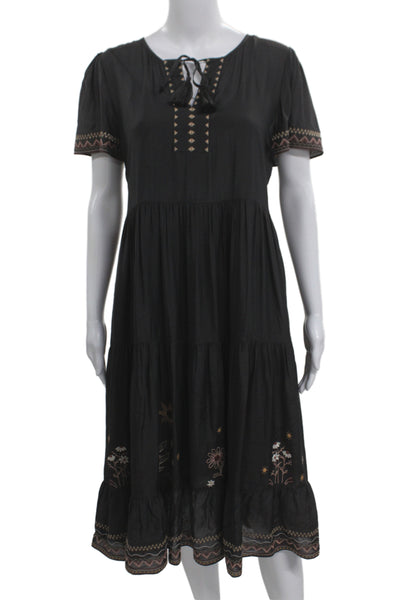 Johnny Was Women Shift Dress Black Floral Short Sleeve Boho Size XS