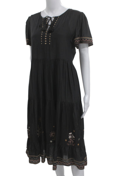 Johnny Was Women Shift Dress Black Floral Short Sleeve Boho Size XS