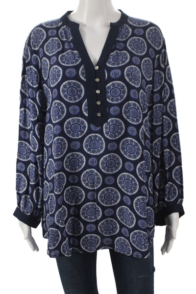Michael Michael Kors Womens Tunic Blue V-Neck Geometric Long Sleeve Size XL