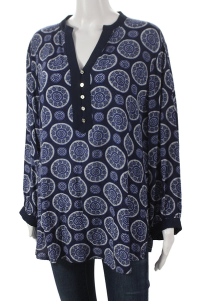 Michael Michael Kors Womens Tunic Blue V-Neck Geometric Long Sleeve Size XL