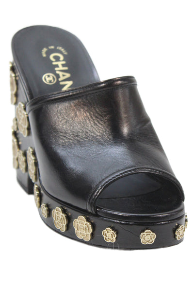 Chanel Womens Camellia Embellished Platform Wedge Heels Shoes Black Sz 6.5