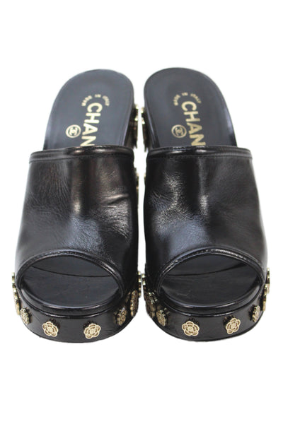 Chanel Womens Camellia Embellished Platform Wedge Heels Shoes Black Sz 6.5