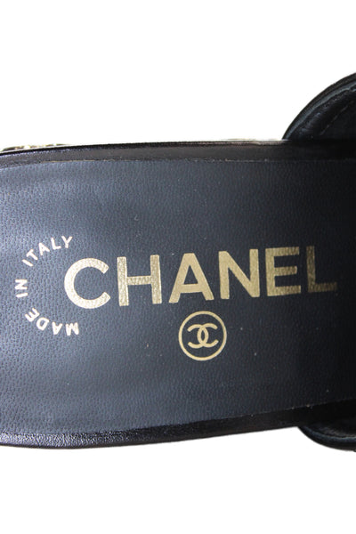 Chanel Womens Camellia Embellished Platform Wedge Heels Shoes Black Sz 6.5