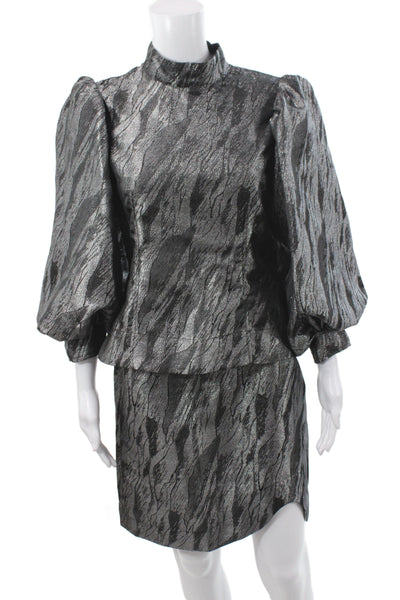 Ganni Women Set Black Animal Print High Neck 3/4 Sleeve Metallic Zip Size 40