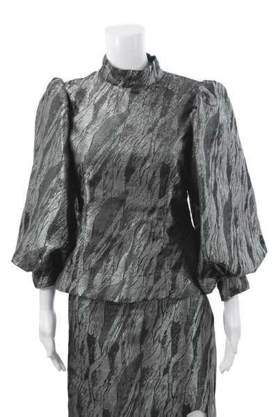 Ganni Women Set Black Animal Print High Neck 3/4 Sleeve Metallic Zip Size 40