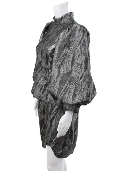 Ganni Women Set Black Animal Print High Neck 3/4 Sleeve Metallic Zip Size 40
