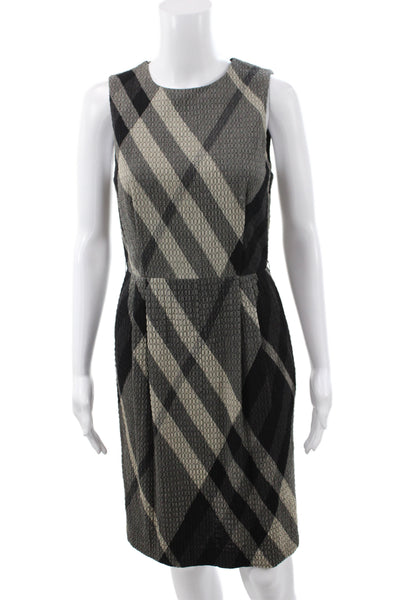 Burberry Women Black Silk Plaid Sheath Dress Knee Length Sleeveless Zip Size 6
