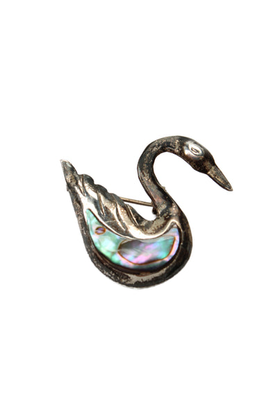 Designer Womens 925 Silver Abalone Taxco Swan Brooch 1.5" 2.6g