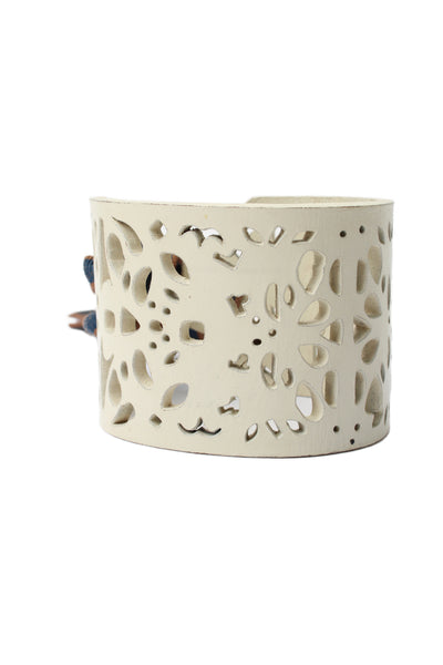 Marni Womens White Punched Leather Extra Wide Tie Cuff Bracelet