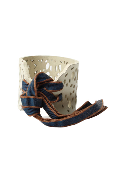 Marni Womens White Punched Leather Extra Wide Tie Cuff Bracelet