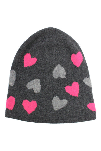 White + Warren Womens Cashmere Knit Heart Beanie Hat Gray Pink One Size