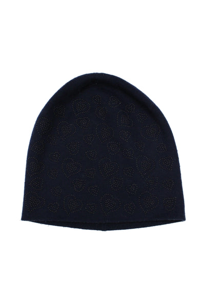 Leo & Ugo Womens Wool Knit Heart Beaded Beanie Hat Navy Blue One Size