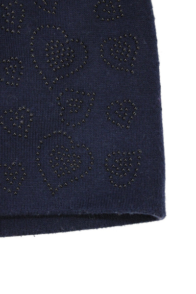 Leo & Ugo Womens Wool Knit Heart Beaded Beanie Hat Navy Blue One Size