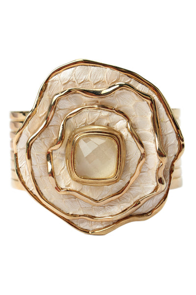 Kara Ross Womens Gold Tone White Leather Rock Crystal Quartz Flower Cuff