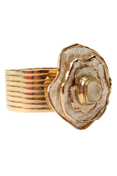 Kara Ross Womens Gold Tone White Leather Rock Crystal Quartz Flower Cuff