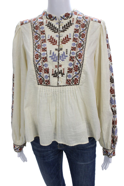 Sea Women Tunic Blouse Collared Button Ivory Floral Cotton Long Sleeve Size S