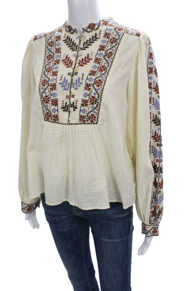Sea Women Tunic Blouse Collared Button Ivory Floral Cotton Long Sleeve Size S