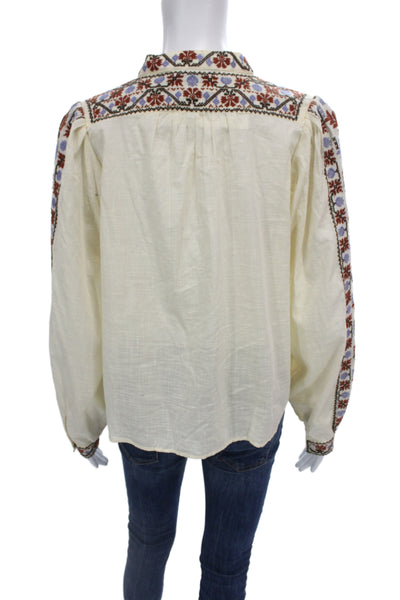 Sea Women Tunic Blouse Collared Button Ivory Floral Cotton Long Sleeve Size S
