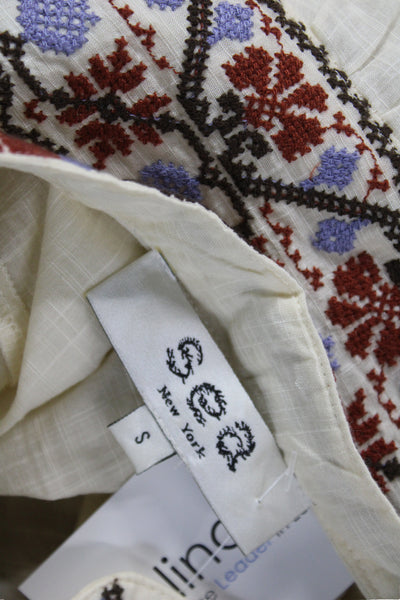 Sea Women Tunic Blouse Collared Button Ivory Floral Cotton Long Sleeve Size S
