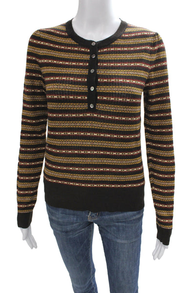 Ulla Johnson Women Henley Striped Brown Merino Wool Sweater Size S